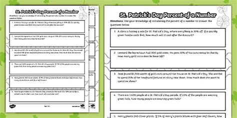 6th Gr Percent of a Number St. Patrick’s Day Math Problems