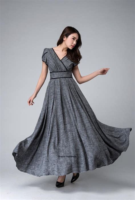Retro Empire Waist Maxi Dress, Linen Dress, Bridesmaid Dress, Floor ...
