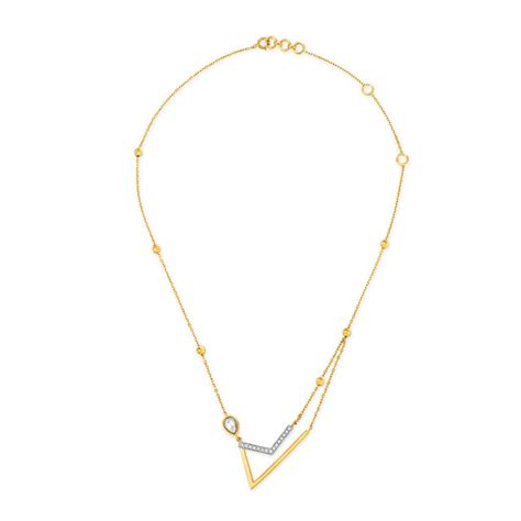 14KT Yellow Gold Necklace For Women With Double V Shape Pendants And ...