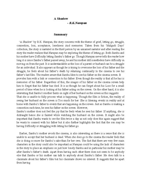 673494766 A Shadow: Grief and Memory in R.K. Narayan's Story - Studocu