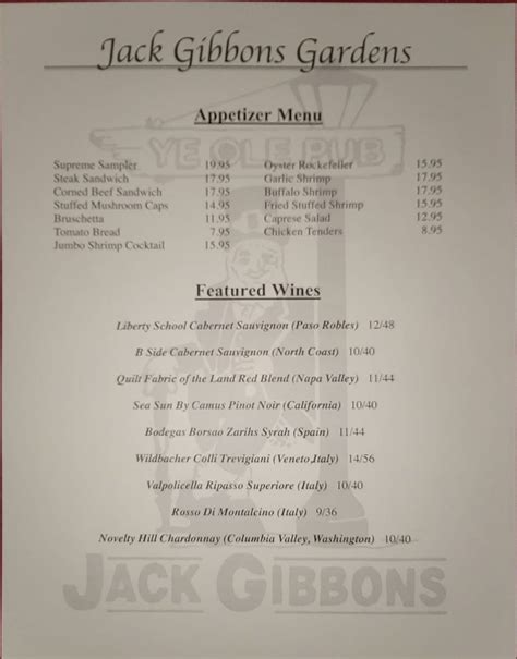 Menu at Jack Gibbons Gardens steakhouse, Oak Forest