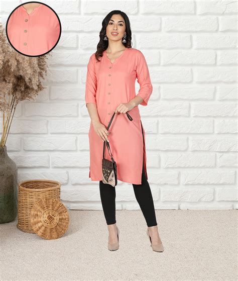 Fabclub Women Rayon Solid Plain Front Slit Straight Kurti (Peach) – Fabclub
