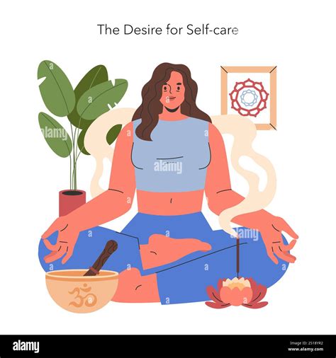 Women Midlife Crisis concept. Illustration of a woman in a peaceful self-care moment, surrounded ...