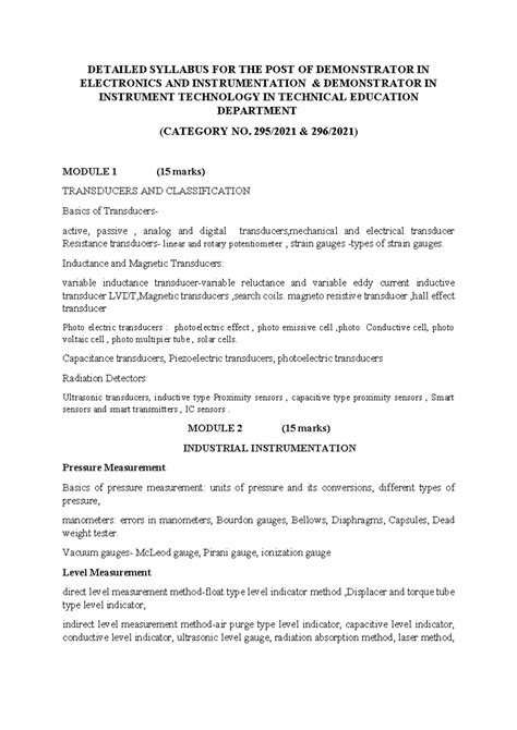 Syllabus for Demonstrator in Electronics & Instrumentation (Module 1-10 ...