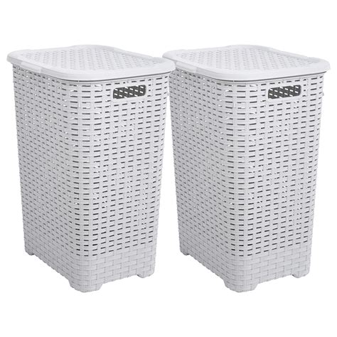 Superio Laundry Hamper with Lid 60 Liter Ivory (2 Pack) Plastic Wicker ...
