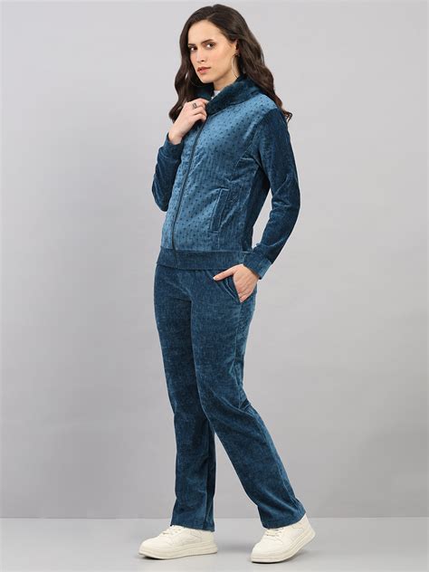 Buy Women Teal Blue Polka Dots Hooded Full Sleeve Winter Tracksuit ...