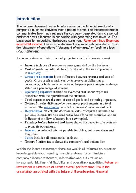 Income Statement Notes - Introduction ####### The income statement ...