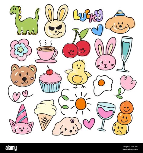 Illustrations of kid drawing and kid colouring style of dinosaur, rabbit, teddy bear, cupcake ...
