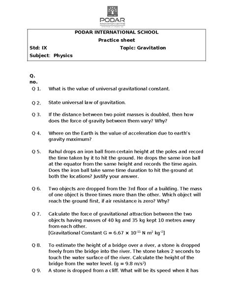 PS CB IX Sci Gravitation - PODAR INTERNATIONAL SCHOOL Practice sheet ...