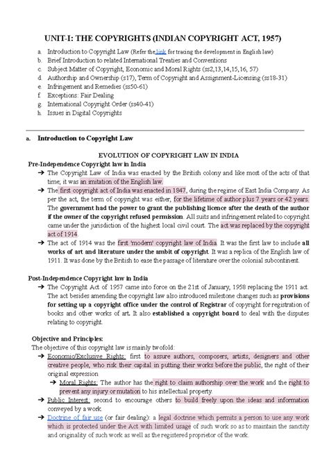 Intellectual Property Rights LAW101: Unit 1 Copyright Notes - Studocu