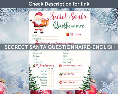 Secret Santa Questionnaire (spanish Version) for Work or Family Holiday ...