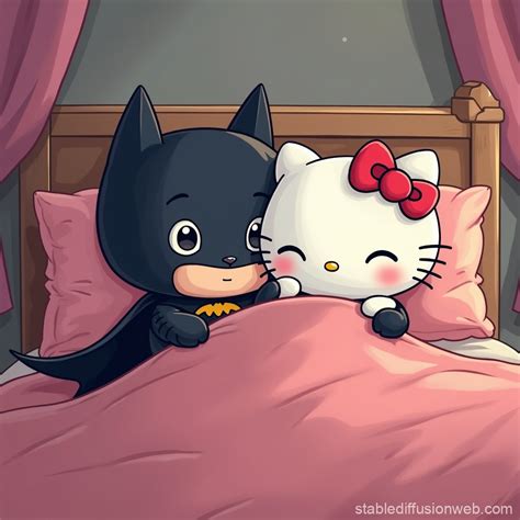 Cute Batman and Hello Kitty Hugging Each Other in Bed | Stable ...