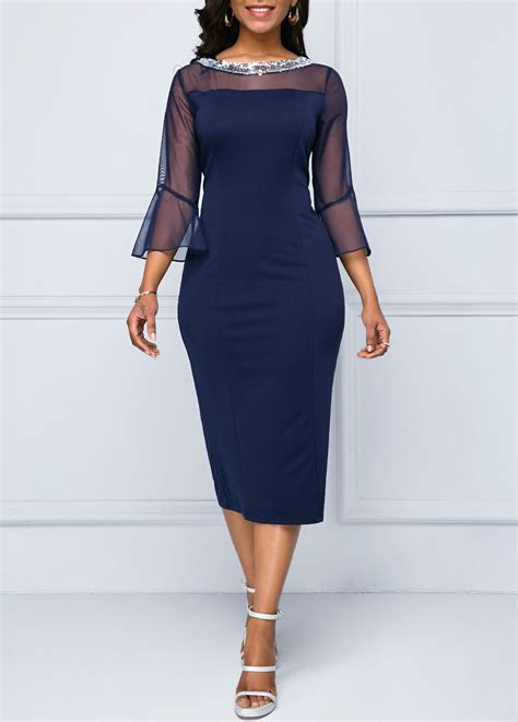 Sequin Embellished Neck Mesh Patchwork Dress | Flare sleeve dress ...