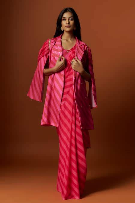 Buy Pink Linen, Georgette Sequins, Stripe Print Saree With Embroidered ...