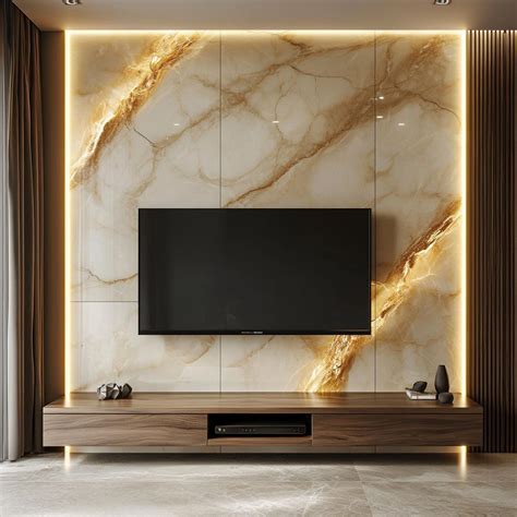 Glamorous Living Room with Marble Feature Wall and Warm Lighting