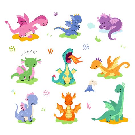 Cartoon cute dragon isolated funny dragons characters mythical animals ...