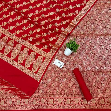 Red Golden Zari Katan Silk Banarasi Suit – Mohsin Textiles