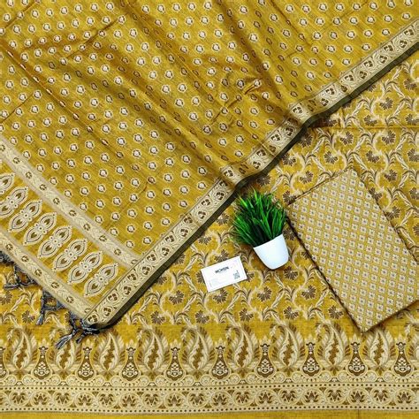Mustard Surahi Jaal Cotton Silk Banarasi Suit – Mohsin Textiles