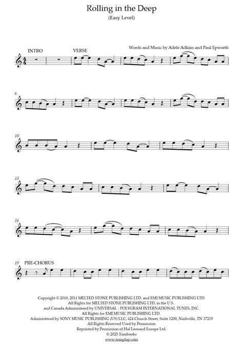 Rolling in the Deep (Nível Fácil) (Adele) - Partitura para Violino
