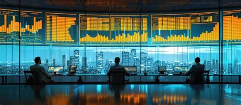 Financial analysts working in a modern office with a city view ...