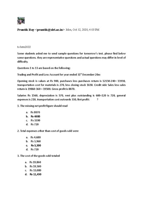 Sample questions - financial management - Prantik Ray Mon, Oct 12, 2020 ...
