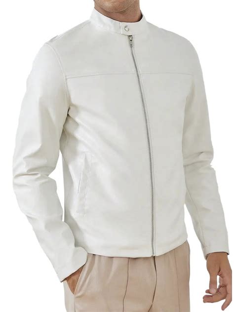 Stand Collar White Leather Jacket