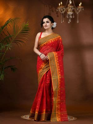 Buy DESH BIDESH Cotton Red Mina Woven Design Cotton Saree Online