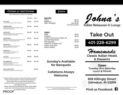 Johna's ITALIAN Restaurant menu in Johnston, Rhode Island, USA
