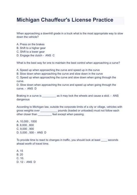 Michigan Chauffeur's License Practice Exam Questions And Answers ...