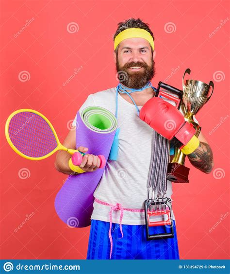 My Goal Is Health. Man Bearded Athlete Hold Sport Equipment Jump Rope ...