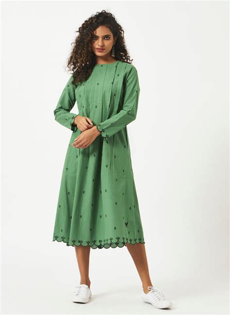Mosegi- Organic Cotton Green Dobby Pleated Full Sleeve Dress ...