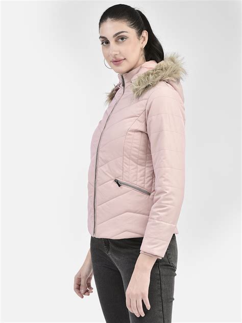 Peach Hooded Puffer Jacket With Faux Fur Detail – Crimsoune Club