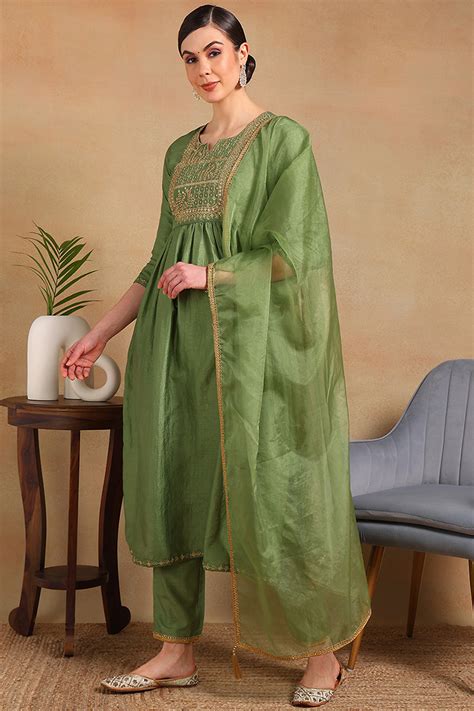Green Silk Blend Solid Yoke Design Flared Empire Suit Set PKSKD2157 – Ahika