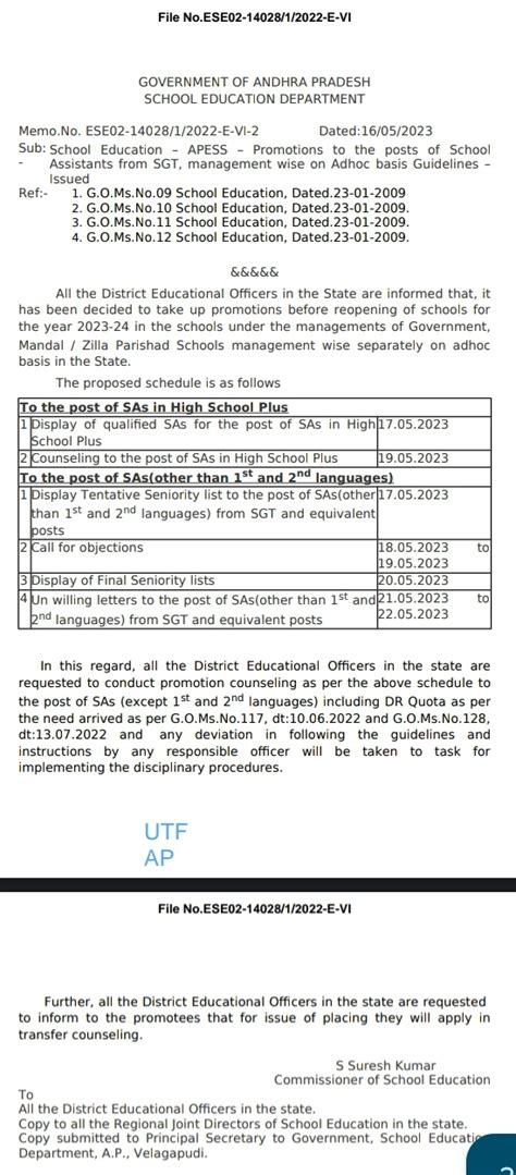 APESS Promotions to the posts of School Assistants from SGT, management ...
