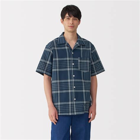 M's Madras checked open collar S/Slv shirt MEN S Navy check | MUJI