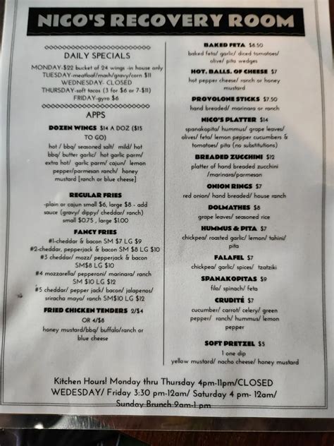 Nico's Recovery Room Menu - Updated October 2025