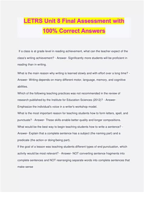 LETRS Unit 8 Final Assessment with 100% Correct Answers - LETRS - Stuvia US
