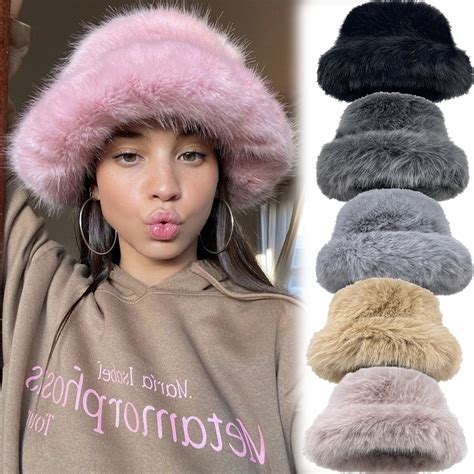 Dalrosia Winter Bucket Hat Fluffy Faux Fur Fisherman Plush Warm Hats ...