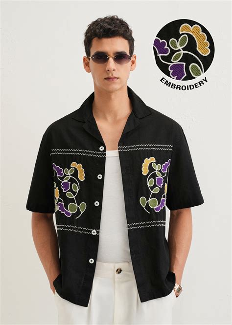 Noir Black Embroidery Cuban Collar Shirt