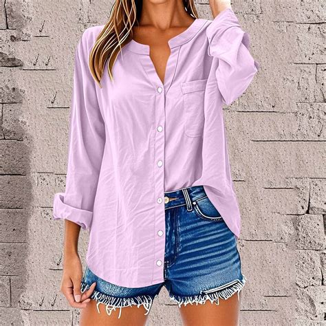 BLTIBY Womens Long Sleeve Shirt Fall Spring Solid Color V Neck Single ...