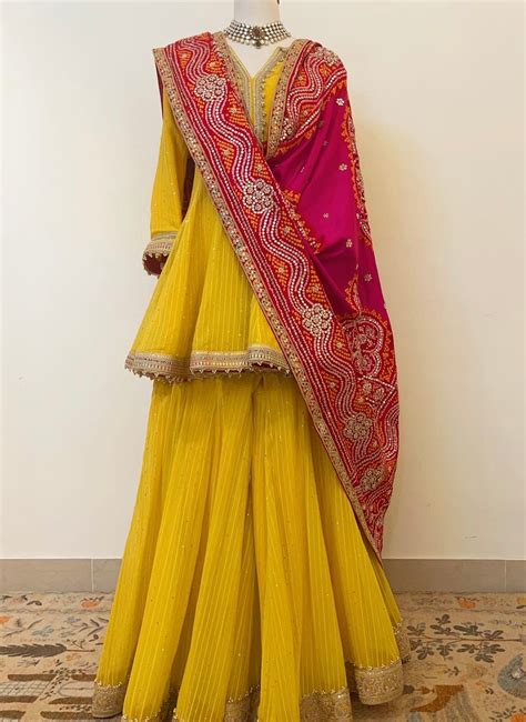 YELLOW KALIDAAR PEPLUM KURTA & SHARARA WITH BANDHANI GOTAPATTI DUPATTA ...