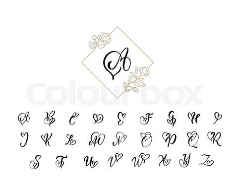Handwritten heart calligraphy monogram alphabet. Valentine Cursive font ...