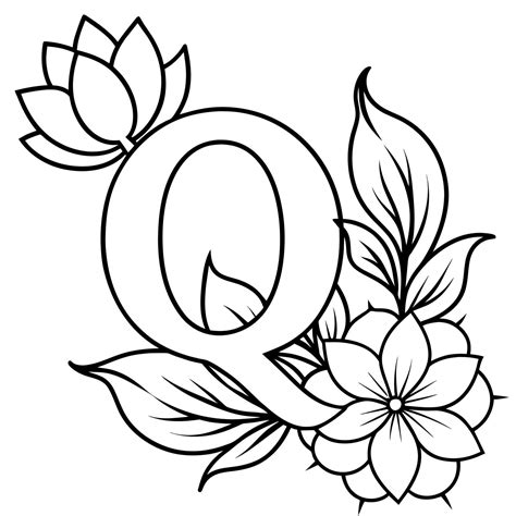 Alphabet Q coloring page with the flower, Q letter digital outline floral coloring page, ABC ...