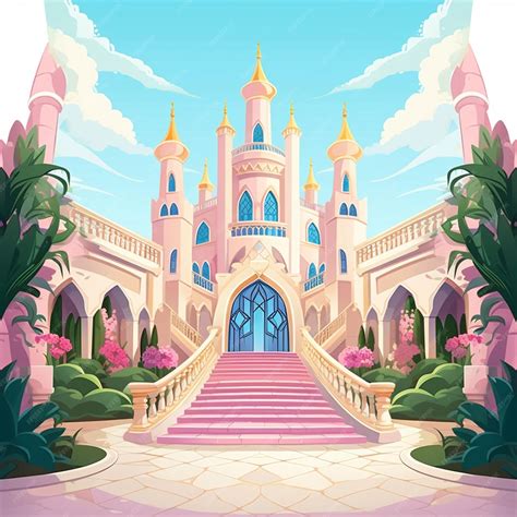 Cartoon illustration of a castle with stairs leading to a garden ...