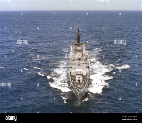 Aerial bow-on view of the frigate USS KNOX (FF-1052) underway off the coast of Luzon, Republic ...