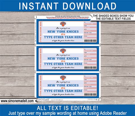 New York Knicks Game Ticket Gift Voucher | Printable Surprise NBA ...