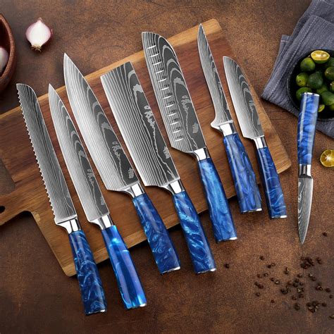 Senken Knives 8-Piece Japanese Kitchen Knife Set With Damascus Blade Pattern & Blue Resin ...