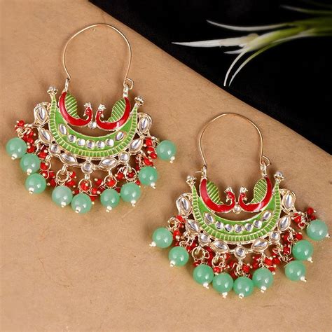 Buy Shoshaa Gold-Plated Handcrafted Green Kundan Chandbalis Earrings Online