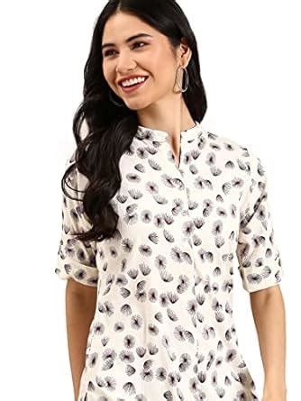 Buy SHOWOFF Women's Calf Length Abstract Cream Mandarin Collar Straight ...