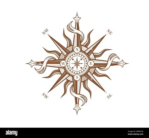 Vintage wind rose compass with medieval antique ribbons and sun. Vector windrose star of ancient ...
